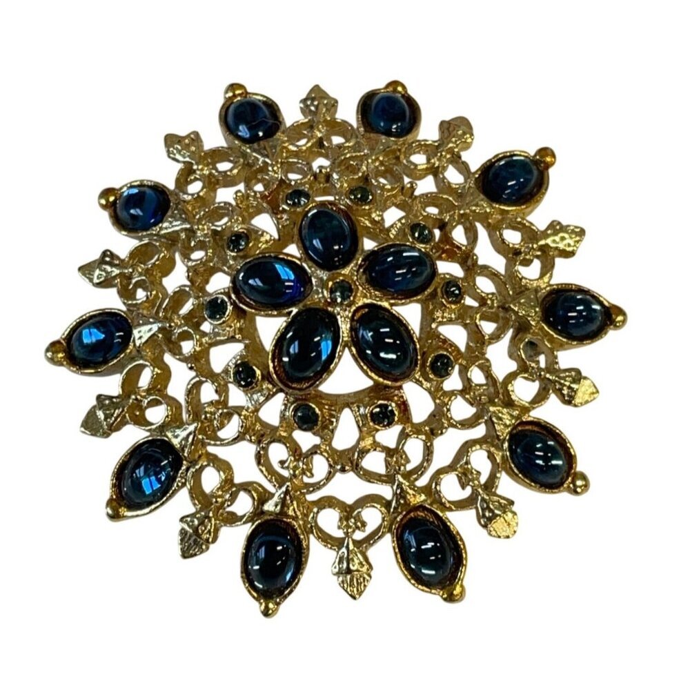 Vintage Gold-Tone Brooch Blue Rhinestones Filigree Floral‎ Elegant Statement Pin